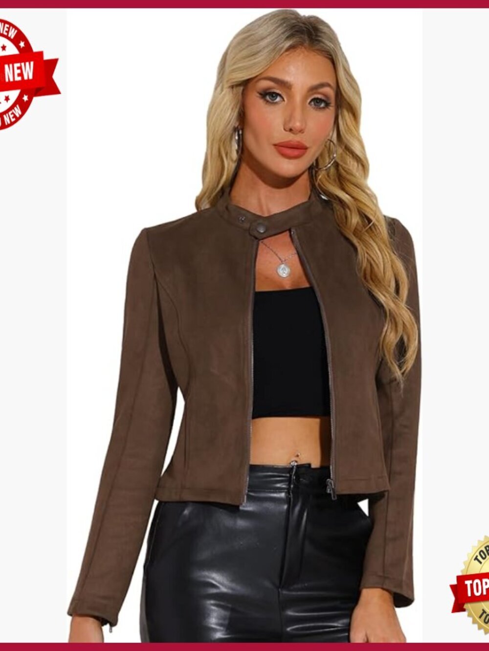 Faux Suede Motorcycle Jacket, Stand Collar, Zipper Pockets, Cropped Fit